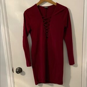 Express Women's Deep Red Lace-Up Long Sleeve Dress